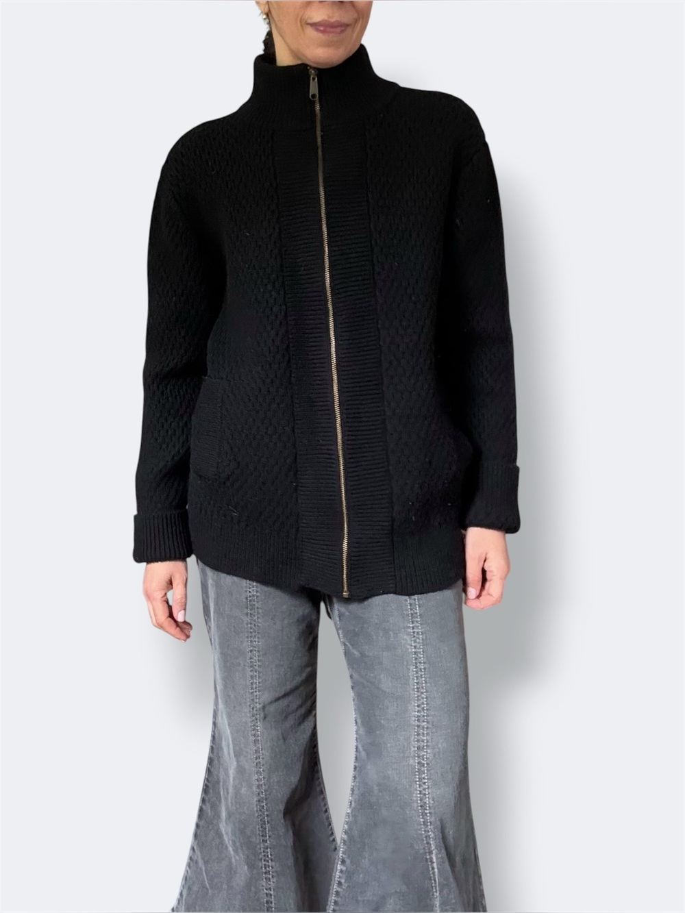 Built by Wendy Black Cable Knit Virgin Wool Zip Up Sweater Jacket